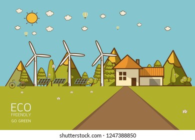 Vector illustration of eco home with of wind turbine, bike , solar cell ,house, and trees. Background for save earth day. Environmental, ecology, nature protection and pollution concept.