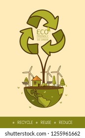 Vector illustration of eco home with of wind turbine, bike , solar cell  and trees. Background for save earth day. Environmental, Recycle sign for ecology, nature protection and pollution concept.