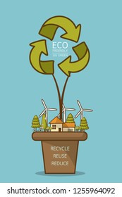 Vector illustration of eco home with of wind turbine, bike , solar cell , and trees. Background for save earth day. Environmental, Recycle sign for ecology, nature protection and pollution concept.