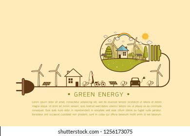 Vector illustration of eco home with of wind turbine, bike , solar cell and trees. Background for save earth day. Environmental, Recycle sign for ecology, nature protection and pollution concept.