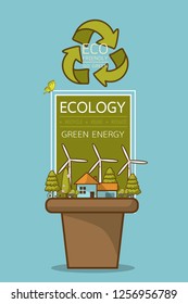 Vector illustration of eco home with of wind turbine, bike , solar cell  and trees. Background for save earth day. Environmental, Recycle sign for ecology, nature protection and pollution concept.