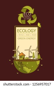 Vector illustration of eco home with of wind turbine, bike , solar cell  and trees. Background for save earth day. Environmental, Recycle sign for ecology, nature protection and pollution concept.