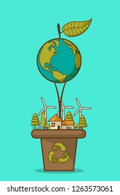 Vector illustration of eco home with of wind turbine, bike , solar cell  and trees. Background for save earth day. Environmental, Recycle sign for ecology, nature protection and pollution concept.
