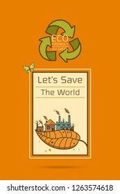 Vector illustration of eco home with of wind turbine, bike , solar cell  and trees. Background for save earth day. Environmental, Recycle sign for ecology, nature protection and pollution concept.