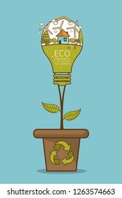 Vector illustration of eco home with of wind turbine, bike , solar cell  and trees. Background for save earth day. Environmental, Recycle sign for ecology, nature protection and pollution concept.