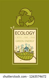 Vector illustration of eco home with of wind turbine, bike , solar cell  and trees. Background for save earth day. Environmental, Recycle sign for ecology, nature protection and pollution concept.