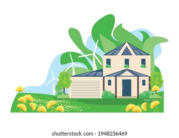 Vector illustration of an eco house with wind turbines and solar panels on an abstract green background