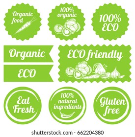 Vector illustration of the eco labels set. Emblems for the local food, fresh, vegetables, vegetarian, etc.