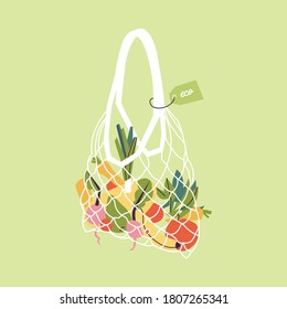 Vector illustration eco net shopping bag with products. Concept for zero waste, plastic free. Bags full of food from local market or grocery