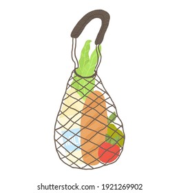 Vector illustration eco net shopping bag with products. Zero waste, plastic free concept. Mesh bags full of food from local market or grocery.  Grocery cloth string bag in a flat style.