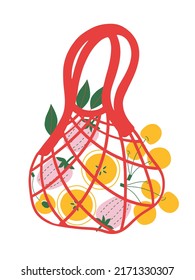 Vector illustration eco net shopping bag with products. Concept for zero waste, plastic free. Natural food, organic fruits and vegetables. Department store goods.