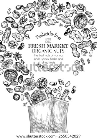 Vector illustration of eco paper bag with nuts, spices and dried fruits. Template for grocery store with superfoods. Banner with healthy products in engraving style. Healthy eating