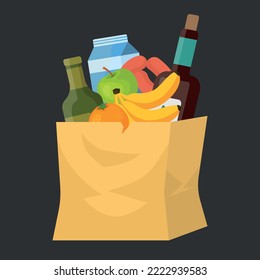 Vector illustration eco paper shopping bag with products. Concept for zero waste, plastic free. Bags full of food from local market or grocery.