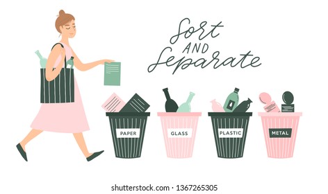 Vector illustration of eco people in flat doodle cartoon style. Man and woman sorting waste, Trash can for separating. Zero waste concept poster, card, banner