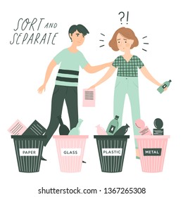 Vector illustration of eco people in flat doodle cartoon style. Man and woman sorting waste, Trash can for separating. Zero waste concept poster, card, banner
