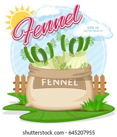 Vector illustration of eco products. Fennel in burlap sack. Full sacks with fresh vegetables. Bag with harvest on the summer garden. Harvesting and food concept