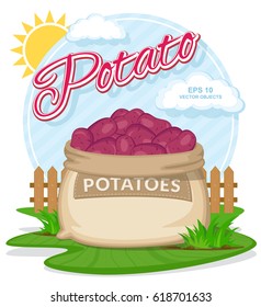 Vector illustration of eco products. Red Potatoes in burlap sack. Full sacks with fresh vegetables. Bag with harvest on the summer garden. Harvesting and food concept