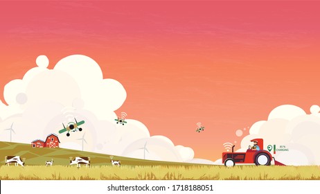 Vector illustration of eco smart farming management with internet of thing system (IOT).Smart farmer use IOT to settle farm activites and conect to selling data or selling on line.New normal farm