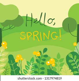 Vector illustration ECO spring background with beautuful landscape, forest, hills and trees in flat geometric style and text Hello, spring!