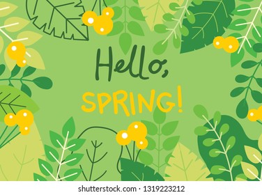 Vector illustration ECO spring background with beautuful flowers, leaves and plants in flat geometric style and text Hello, spring! 