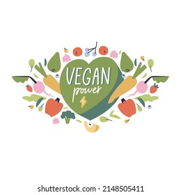 Vector illustration eco sticker - vegan power quote with green heart surrounded of vegetables and fruits