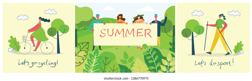 Vector illustration ECO backgroundі of Summer Concept in the flat design. Landscape, forest, hills and trees and people with banner and people have a rest