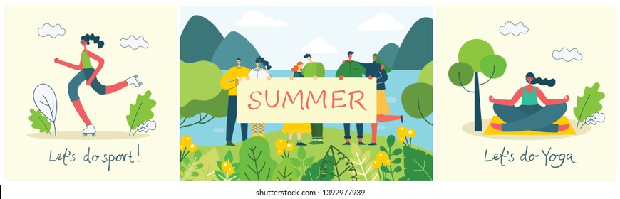 Vector illustration ECO backgroundі of Summer Concept in the flat design. Landscape, forest, hills and trees and people with banner and people have a rest