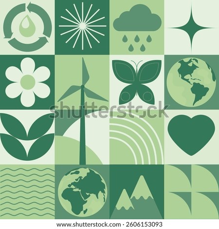 Vector illustration with eco symbols like wind turbine, butterfly, heart, and globe, reflecting Earth Day values of love, sustainability, and environmental care.