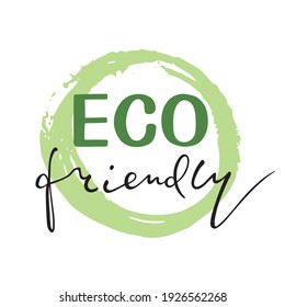 Vector illustration of eco-friendly brush lettering for company logotype or product label. Green badge, card, stamp, banner template. Ecological lettering typography poster. EPS 10
