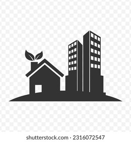 Vector illustration of eco-friendly building icon in dark color and transparent background(PNG).