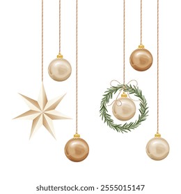 Vector illustration of eco-friendly Christmas decorations, featuring gold and beige ornaments, a paper star, and a rosemary wreath, all hanging on minimalist strings, isolated on a white background.