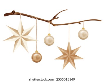 Vector illustration of eco-friendly Vector illustration of eco-friendly Christmas decorations featuring a wooden branch with hanging paper stars and gold ornaments on strings, emphasizing a minimalist