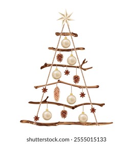 Vector illustration of an eco-friendly Christmas tree crafted from wooden branches, rope, and natural ornaments like pinecones and stars. Ideal for sustainable celebrations, zero-waste decor.