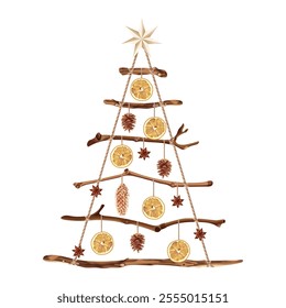 Vector illustration of an eco-friendly Christmas tree made of branches, dried orange slices, pinecones, cinnamon sticks, and star anise, perfect for sustainable holiday decorations