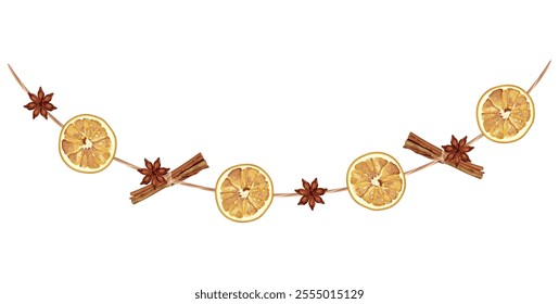 Vector illustration of an eco-friendly garland featuring dried orange slices, cinnamon sticks, and star anise, ideal for sustainable Christmas and rustic holiday decorations.