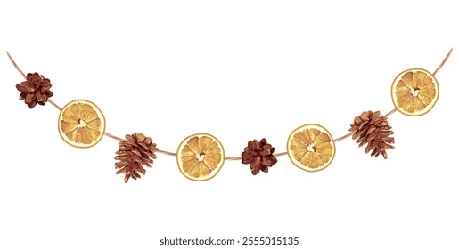 Vector illustration of eco-friendly garland with pinecones and dried orange slices, ideal for sustainable Christmas and rustic holiday decor.