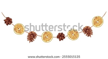 Vector illustration of eco-friendly garland with pinecones and dried orange slices, ideal for sustainable Christmas and rustic holiday decor.