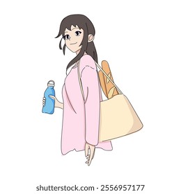 Vector Illustration of an Eco-Friendly Girl with a Reusable Bag and Bottle on Transparent Background in Cartoon Style