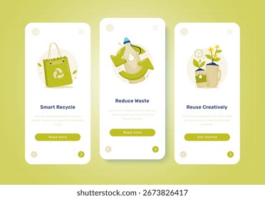 Ilustração vetorial de telas de interface do usuário onboarding eco-friendly com reciclagem inteligente usando saco de compras eco, reduzir o desperdício com garrafa reutilizável e reutilizar embalagens de garrafa para vasos de plantas.