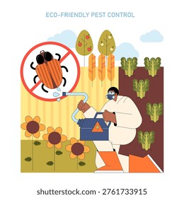 Vector illustration of eco-friendly pest control showing a person using a sprayer in a garden setting. The image depicts sustainable farming practices with an emphasis on environment-friendly pest