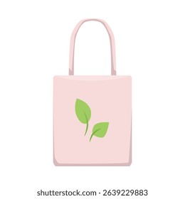 Vector illustration of eco-friendly reusable shopping bag with long handles, pink color with green leaves. Fabric shopper for shopping and carrying. Flat style. Isolated background. Icon.