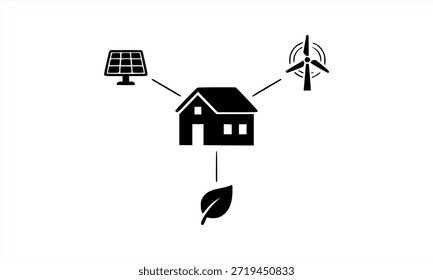 Vector illustration of an eco-friendly smart home connected to renewable energy sources. Features a house symbol linked to a solar panel, wind turbine, and green leaf. Solid black silhouette concept for sustainability and green energy.