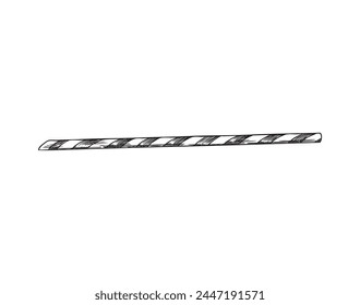 Vector illustration of an eco-friendly striped paper tube drawn in the style of a black and white sketch on a white background, ideal for summer cocktails and smoothies