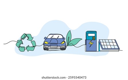 Vector illustration of eco-friendly transportation and energy. Modern flat in continuous line style.