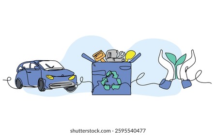 Vector illustration of eco-friendly transportation and recycling. Modern flat in continuous line style.