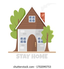 Vector illustration of eco-house in flat style. Architecture concept of ecological materials: wood, stone and brick. Cartoon design of residential construction with landscape. Stay home for safety