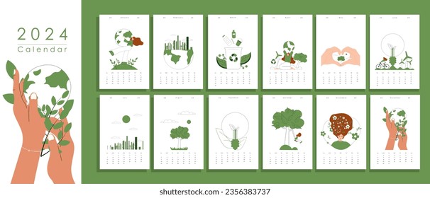 Ilustración vectorial. Calendario ecológico 2024. Año nuevo, ecológico. Protección ambiental, desarrollo sostenible, salvar la Tierra. Planner 2024, calendario de pared, calendario de escritorio.