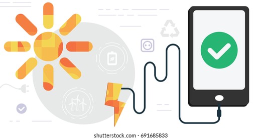 vector illustration for ecological electricity sources including sun energy paint for power generation for mobile phone charging