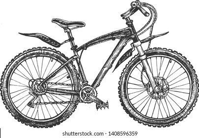 Vector illustration of ecological extreme transport set. Sport mountain hardtail or full-suspension bike, rover or bicycle. Vintage hand drawn style.