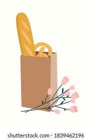 Vector illustration of an ecological paper bag with baguette, pretzel and flowers. Hand-drawn set for bakehouse isolated on white background. Ecological paper package. Zero waste. 
